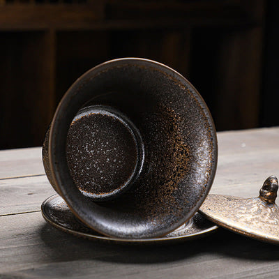 Buddha Stones Retro Rust Glaze Ceramic Gaiwan Sancai Teacup Kung Fu Tea Cup And Saucer With Lid Cup BS 3
