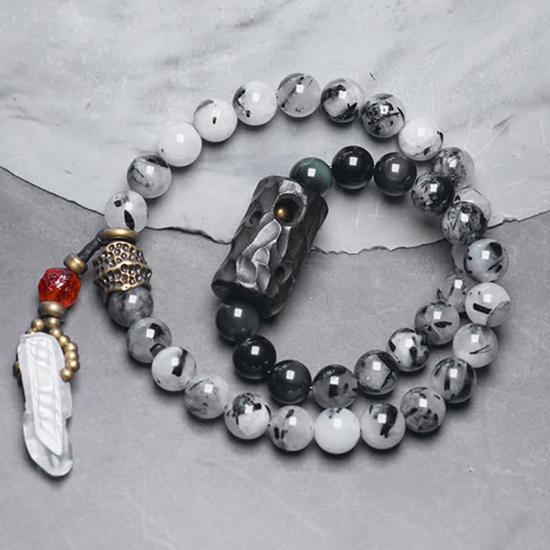 Buddha Stones Black Rutilated Quartz Ebony Wood White Crystal Success Couple Bracelet Bracelet BS 6