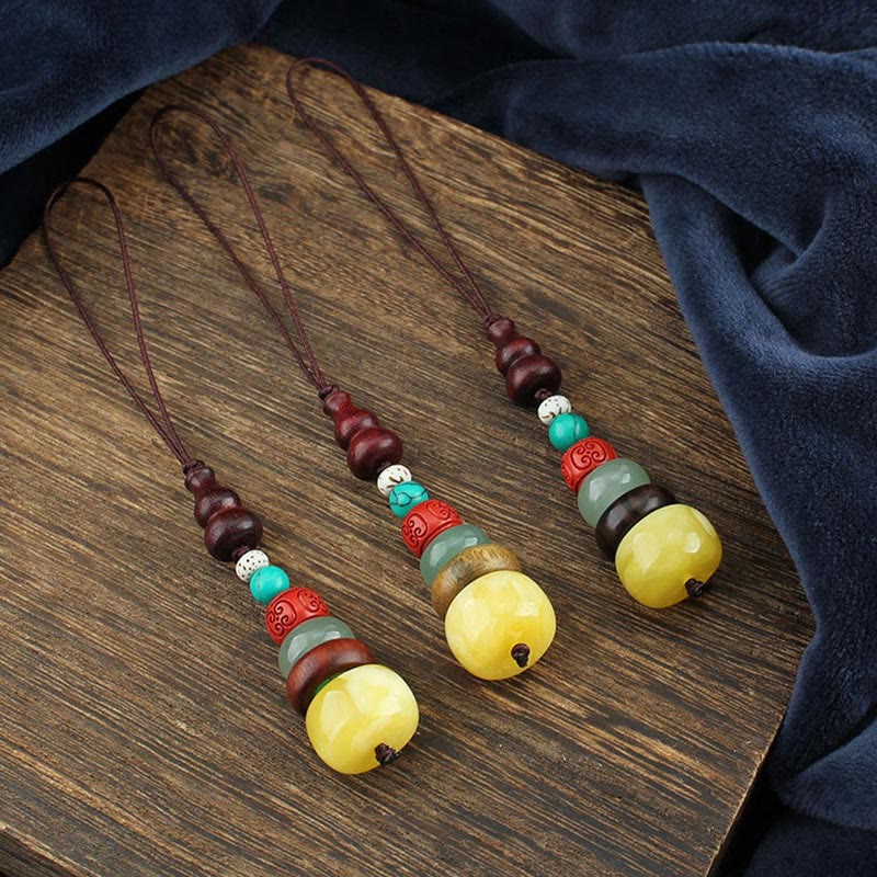 Buddha Stones Green Sandalwood Ebony Wood Gourd Seven Layer Pagoda Positive Phone Hanging Decoration Phone Hanging Decoration BS 1
