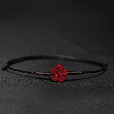 Buddha Stones Handmade Plum Blossom Four Leaf Clover PiXiu Lotus Koi Fish Cinnabar Blessing Braid Bracelet Bracelet BS Black(Wrist Circumference 14-19cm) Plum Blossoms