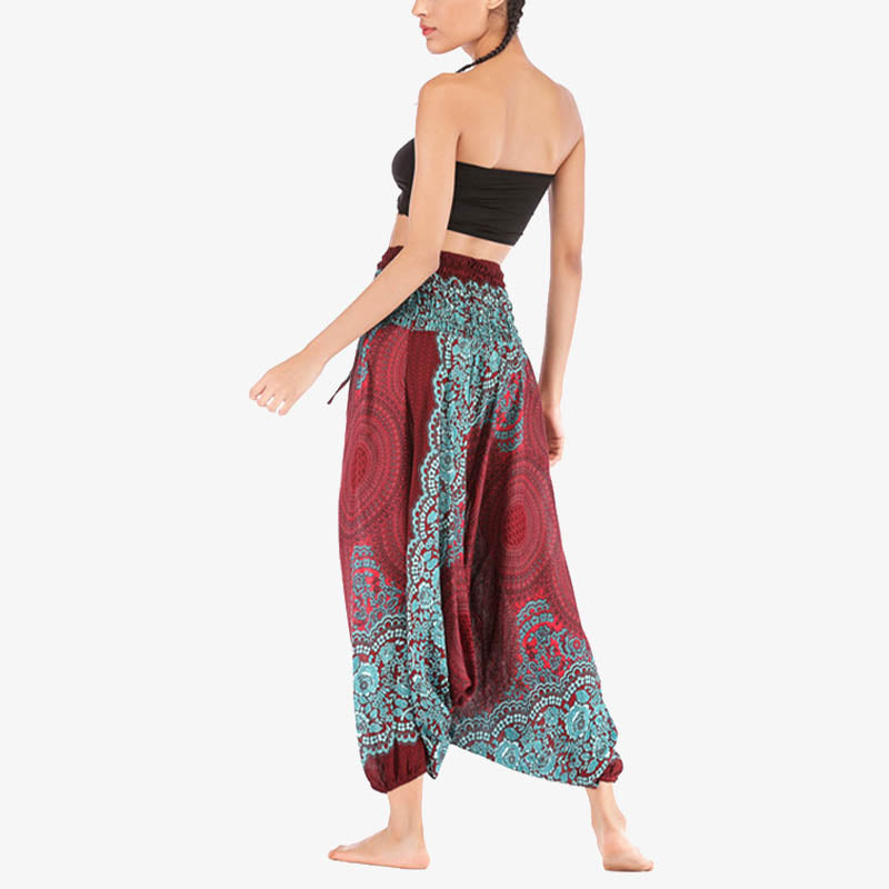 Buddha Stones Two Style Wear Round Geometric Pattern Loose Smocked Harem Trousers Jumpsuit High Waist Women's Yoga Pants Harem Pants&Bodysuit BS 6