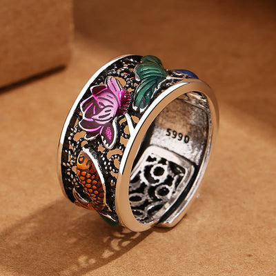 Buddha Stones Copper Blue Enamel Lotus Heart Sutra Koi Fish Luck Ring Ring BS 2