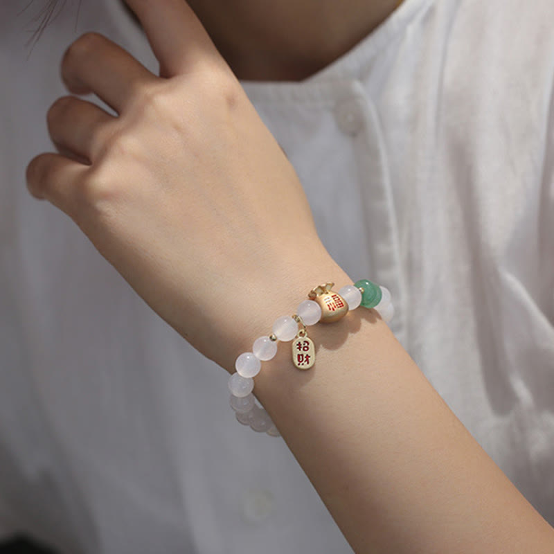 Buddha Stones Natural White Agate Red Agate Money Bag Fu Character Four Leaf Clover Protection Bracelet Bracelet BS 4