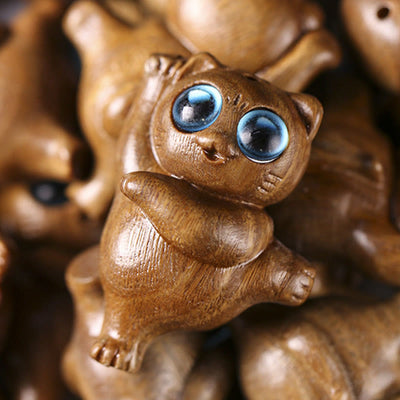 Buddha Stones Mini Green Sandalwood Dancing Cat Engraved Positive Desk Decorations Decorations BS 4