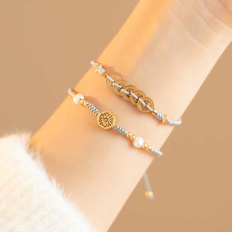 Buddha Stones Copper Coin Fortune Tree Luck Strength Braided Bracelet Bracelet BS 2Pcs(Copper Coin&Fortune Tree) Blue(Wrist Circumference 14-18cm)