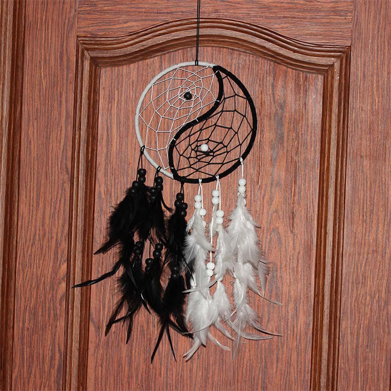 Buddha Stones Yin Yang  Dream Catcher Circular Net with Feathers Balance Decoration Decorations BS 8