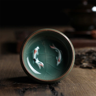 Buddha Stones Colorful Koi Fish Ceramic Teacup Kung Fu Tea Cup Bowl Cup BS Colorful Double Koi Fish 7.8cm*3.4cm*60ml