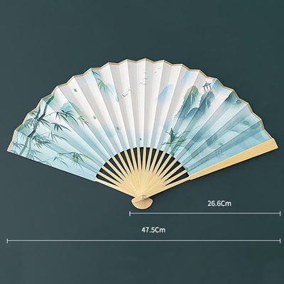Buddha Stones Retro Lotus Flower Leaf Mountain Lake Handheld Folding Fan With Bamboo Frames Folding Fan BS 13