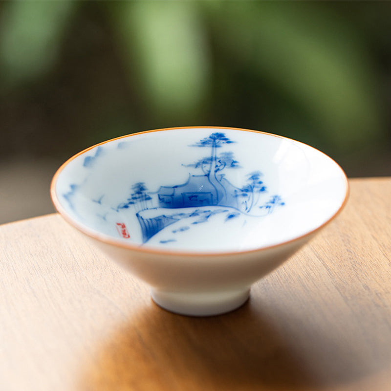 Buddha Stones Mandala Flower Koi Fish Lotus Bird Persimmons Teacup Kung Fu Tea Cup 50ml Cup BS Countryside 8.3cm*3.3cm*50ml