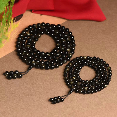 Buddha Stones 108 Mala Beads Natural Gold Sheen Obsidian Wealth Bracelet Mala Bracelet BS 5