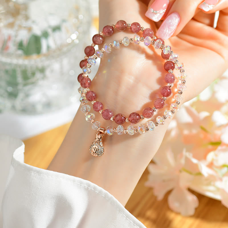 Buddha Stones Strawberry Quartz White Crystal Money Bag Charm Positive Bracelet Bracelet BS Strawberry Quartz Double Wrap(Wrist Circumference 14-16cm)