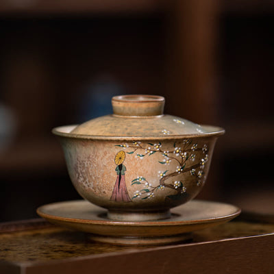 Buddha Stones Jingdezhen Hand Painted Ru Kiln Porcelain Hanfu Girl Flower Ceramic Gaiwan Sancai Teacup Kung Fu Tea Cup And Saucer With Lid Cup BS Hat Girl 10.2cm*8.5cm*150ml