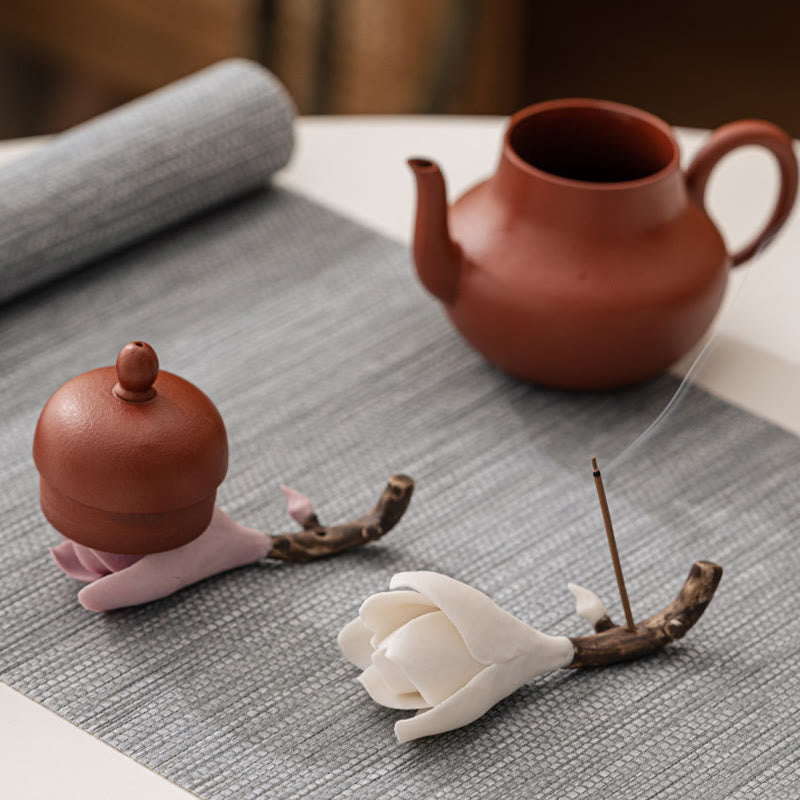 Buddha Stones Gardenia Flower Pattern Ceramic Healing Incense Burner Decoration Incense Burner BS 10