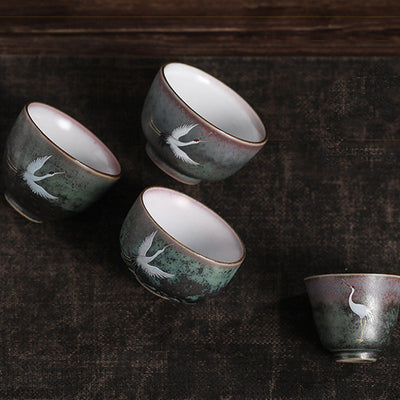 Buddha Stones Auspicious Crane Ceramic Teacup Kung Fu Tea Cup Bowl Cup BS 15