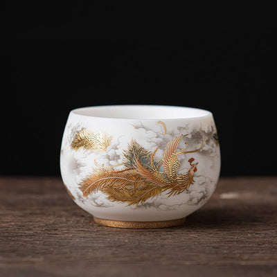 Tasse à thé en céramique Foviel Phoenix Dragon Lotus Deer Ancient Building Koi Fish pour thé Kung Fu