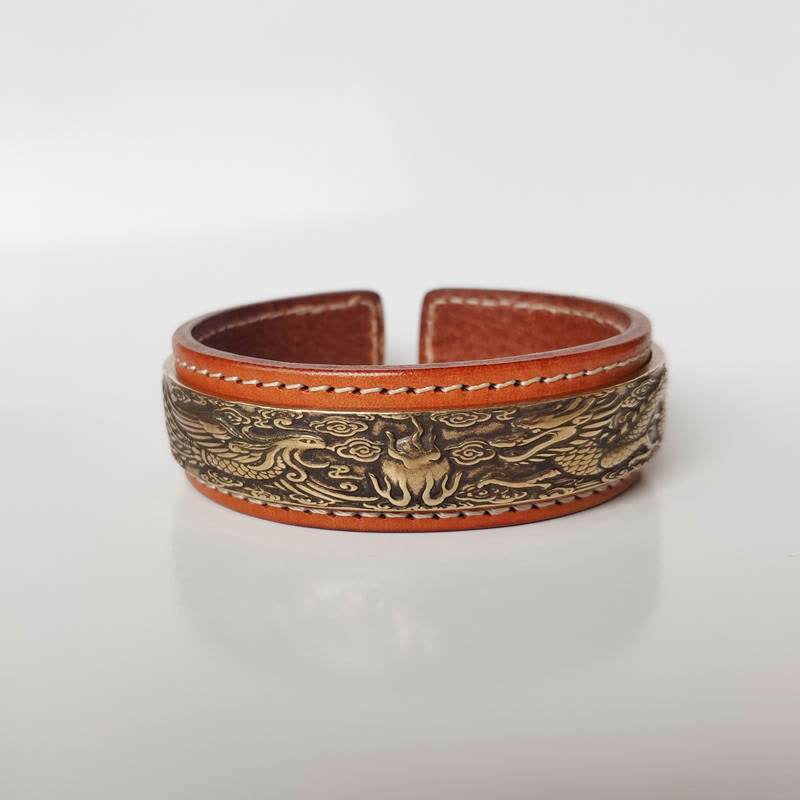 Buddha Stones 2Pcs Om Mani Padme Hum Dragon Phoenix Copper Leather Peace Cuff Bracelet Bangle Bracelet Bangle BS Dragon&Phoenix