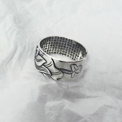 Buddha Stones 999 Sterling Silver Lotus Symbol Heart Sutra Protection Ring Ring BS 5