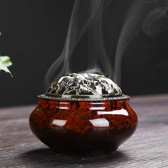 Buddha Stones Flower Pattern Ceramic Blessing Meditation Incense Burner Decoration Decorations Incense Burner BS Red