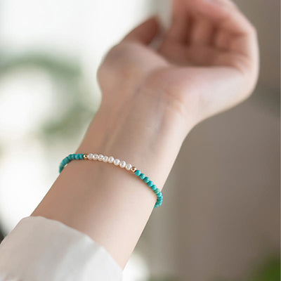 Buddha Stones 925 Sterling Silver Natural Turquoise Pearl Beaded Bracelet Bracelet BS 3