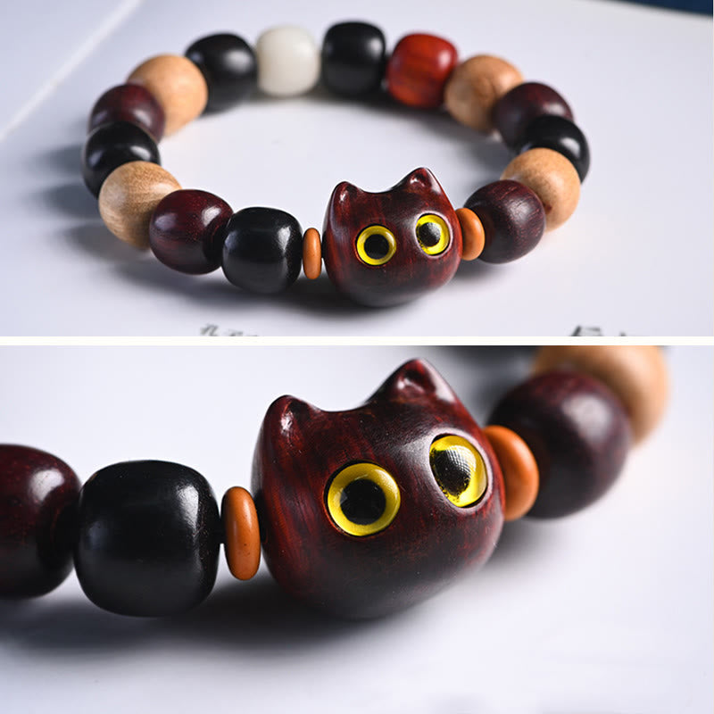 Bracelet de protection Foviel à gravure de chat mignon en bois de santal rouge à petites feuilles et bois d'ébène