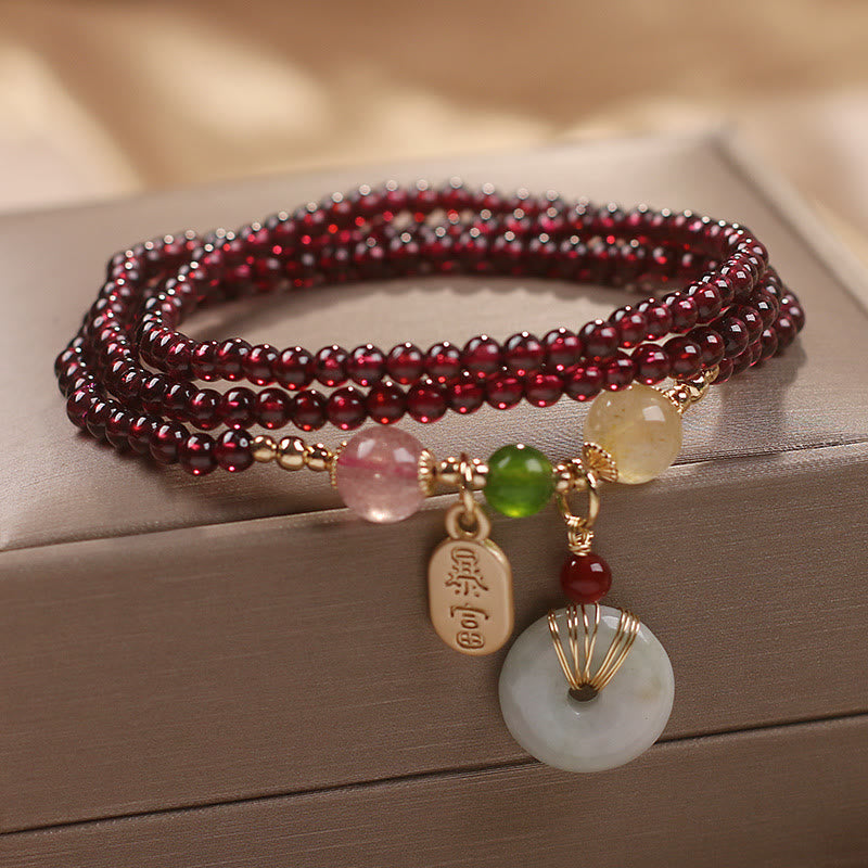 Buddha Stones Natural Garnet Strawberry Quartz Crystal Fox Koi Fish Peace Buckle Fortune Protection Triple Wrap Bracelet Bracelet BS 10