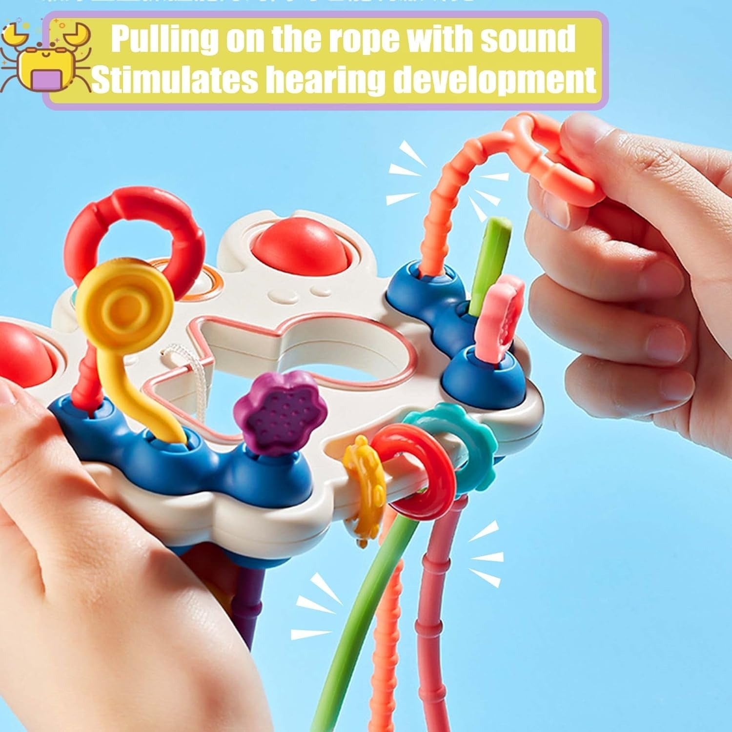 Fidtoy 5-in-1 Pull String Motor Skills and Sensory Activity Toy for Babies, Crab-Shaped Silicone Pull Toy with Press Buttons, Textures, Fine Motor and Travel Play Age 0–2