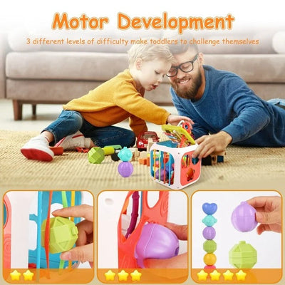 Fidtoy 7-in-1 Multifunctional Shape Sorting Box for Toddlers, Montessori Activity Cube with Shape Sorter, Beads, Gears, Pull String and Stacking Blocks
