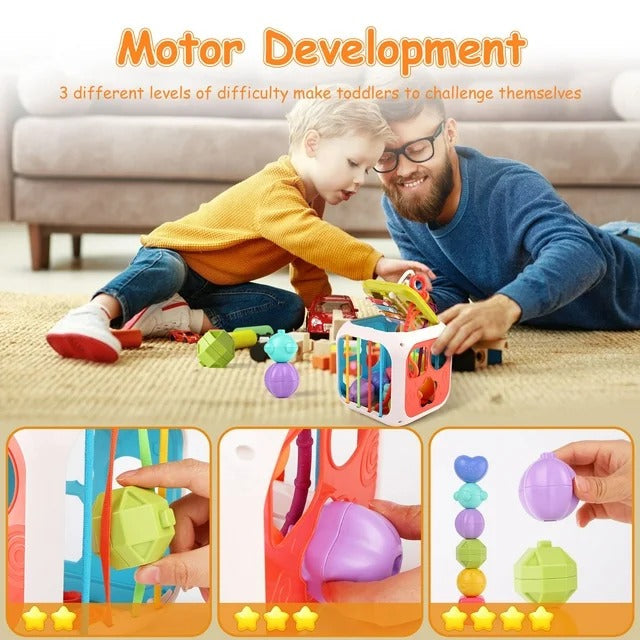 Fidtoy 7-in-1 Multifunctional Shape Sorting Box for Toddlers, Montessori Activity Cube with Shape Sorter, Beads, Gears, Pull String and Stacking Blocks