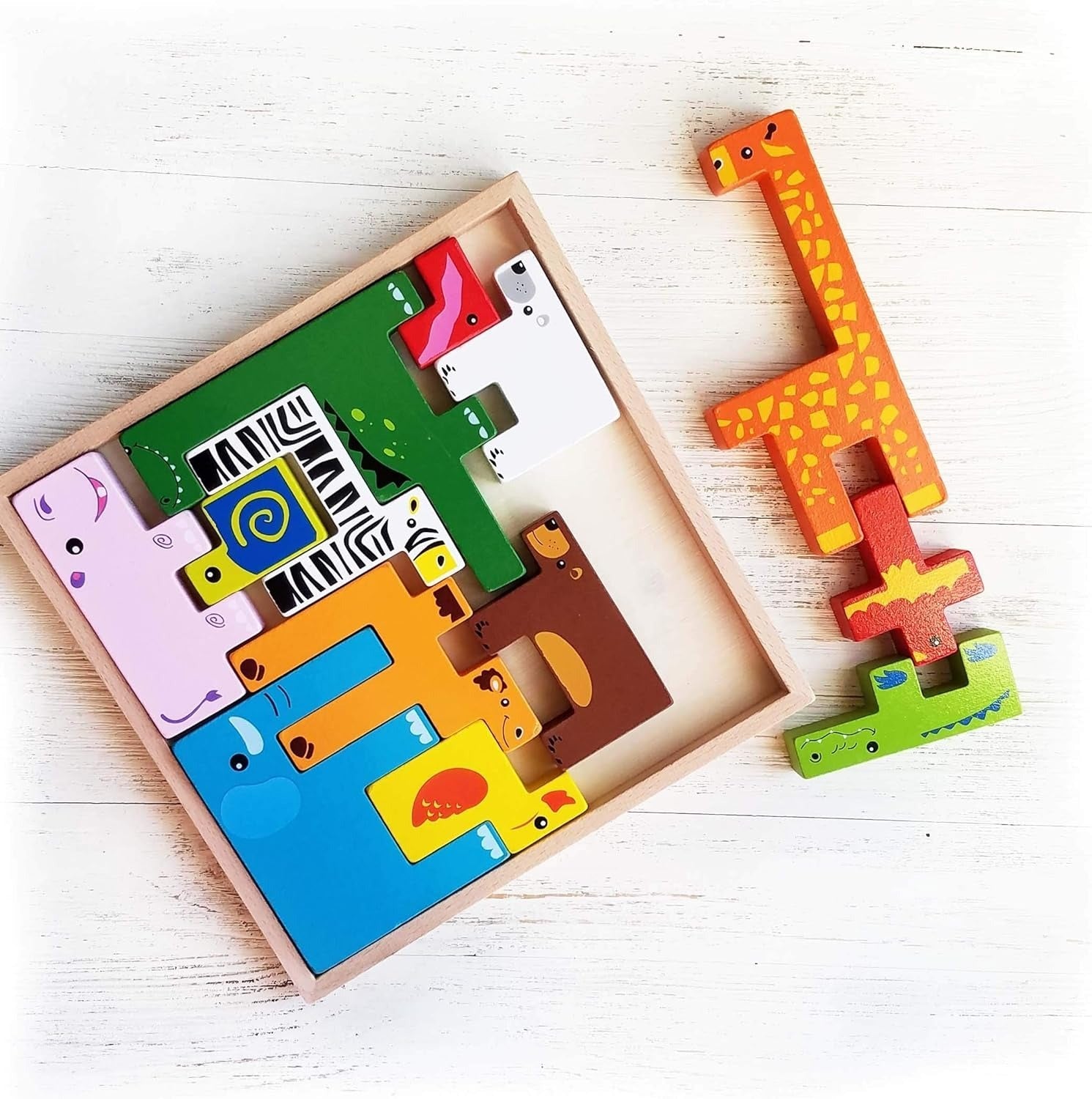 Fidtoy Wooden Animal Creative Challenge Puzzle Board for Kids | 13-Piece Animal Shape Matching Puzzle, Geometric Sorting, Stacking Blocks, Fine Motor & Problem-Solving Toy Age 2-6