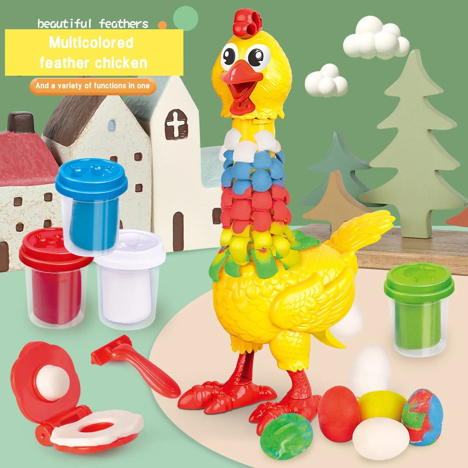 DIY Plumas Coloridas Gallina Masa para Jugar Ponedora de Huevos - 286