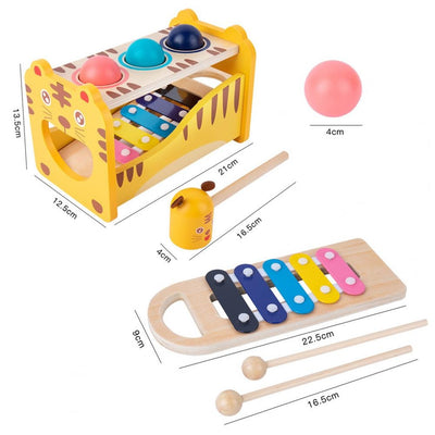 Fidtoy Wooden Tiger Pound Hammering Table with Xylophone, Wooden Hammering Table and Slide-Out Xylophone Music Toy for Fine Motor Skills, Hand-Eye Coordination and Rhythm Play