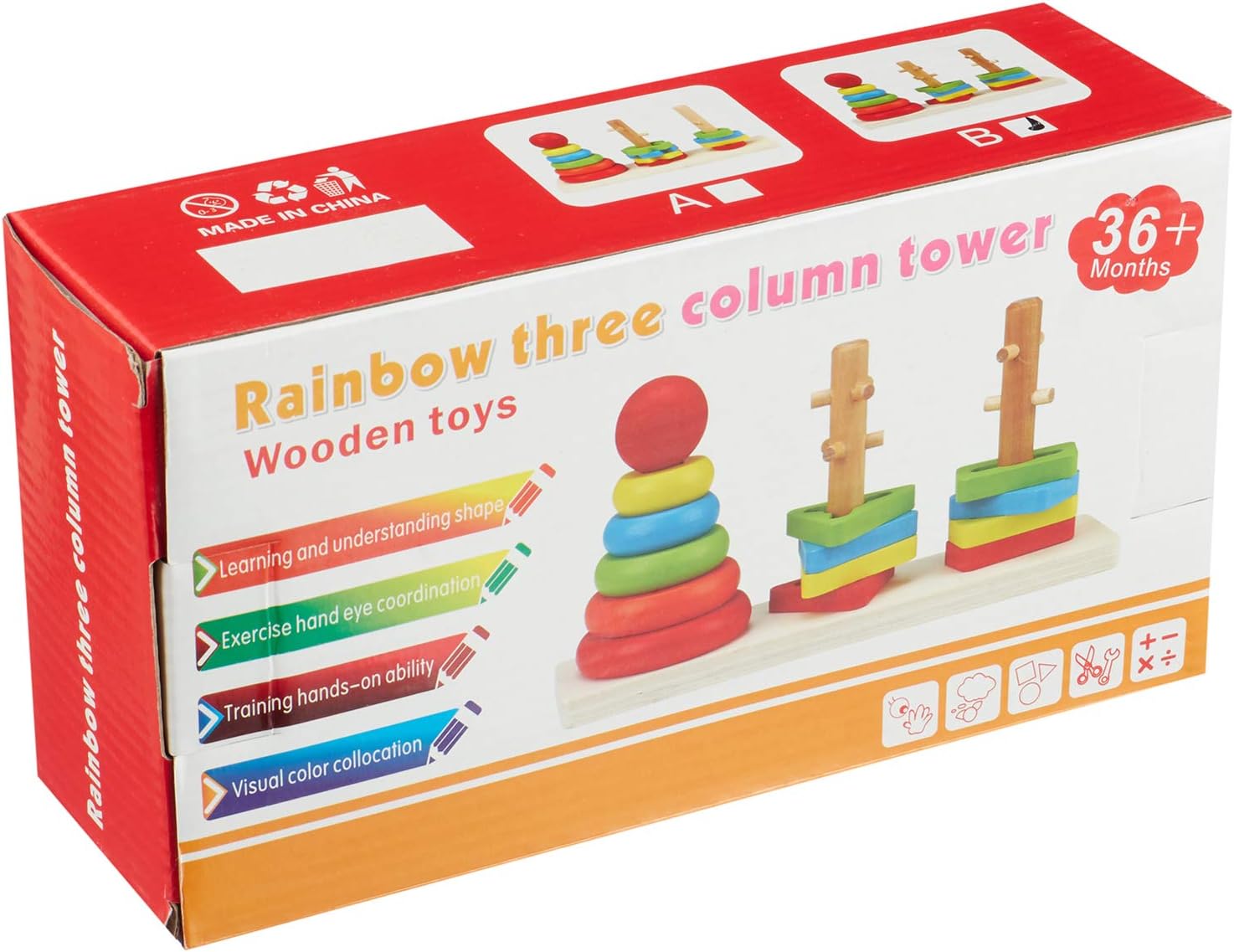 Fidtoy Rainbow Three Column Shapes Tower Wooden Stacking Toy for Kids Shape Sorting Fine Motor Learning Ages 2-6