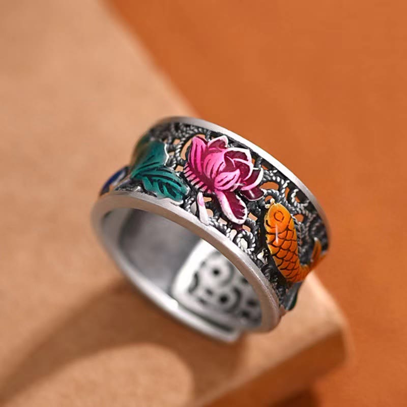 Buddha Stones Copper Blue Enamel Lotus Heart Sutra Koi Fish Luck Ring Ring BS Lotus Heart Sutra Koi Fish