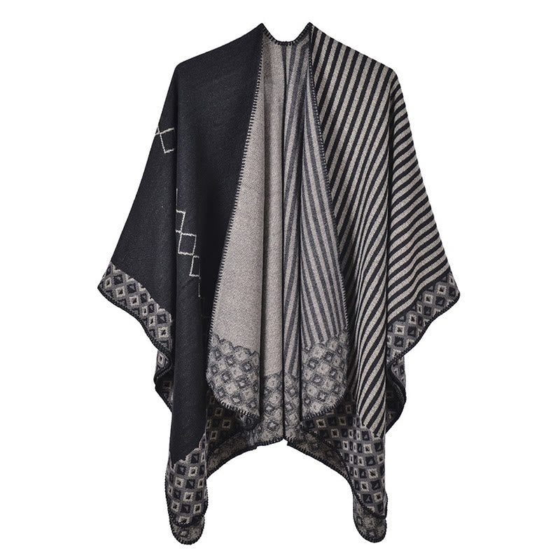 Buddha Stones Tibetan Shawl Striped Diamond Pattern Winter Warm Soft Scarf Tibetan Shawl BS Black Gray