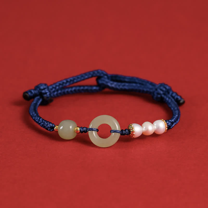 Buddha Stones Natural Hetian Jade Pearl Peace Buckle Luck Bracelet - Navy Blue - image 14