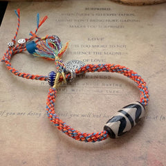 Buddha Stones Tibetan 925 Sterling Silver Om Mani Padme Hum Handmade Dzi Bead Protection Braid Bracelet Bracelet BS Red