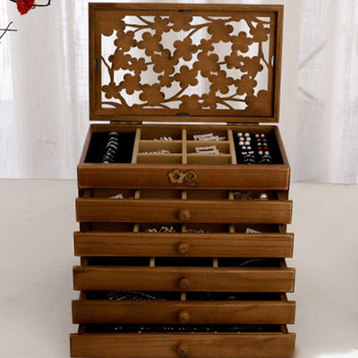 Buddha Stones Vintage Plum Blossom Carved Wooden Jewelry Box Six-Layer Jewelry Storage Box Jewelry Box BS 22