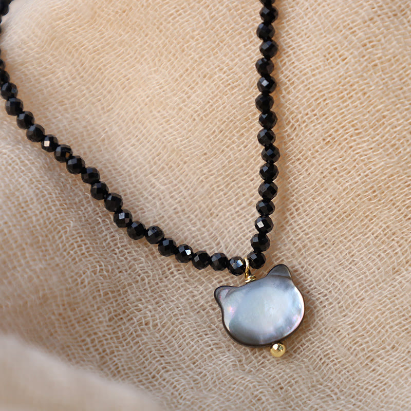 Buddha Stones Black Spinel Cute Cat Motivate Choker Necklace Bracelet Necklaces & Pendants BS 5