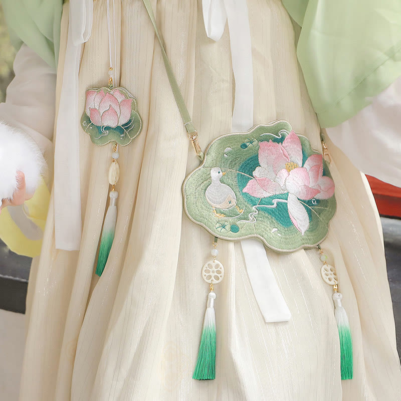 Buddha Stones Luck Embroidery Lotus Koi Fish Rabbit Flower Hanfu Bag Crossbody Bag Shoulder Bag Bag BS 3