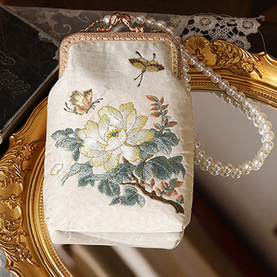 Buddha Stones Small Flowers Butterfly Embroidered Pearl Metal Chain Shoulder Bag Crossbody Handbag Cellphone Bag Crossbody Bag BS 1
