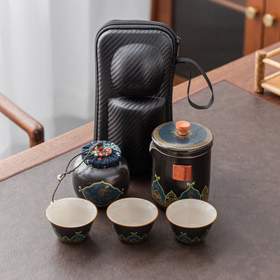Buddha Stones Flower Chinese Gongfu Ceramic Teapot Portable Outdoor Travel Tea Set Bag Teapot BS Black 1 Teapot+3 Cups+1 Bag+1 Tea Can