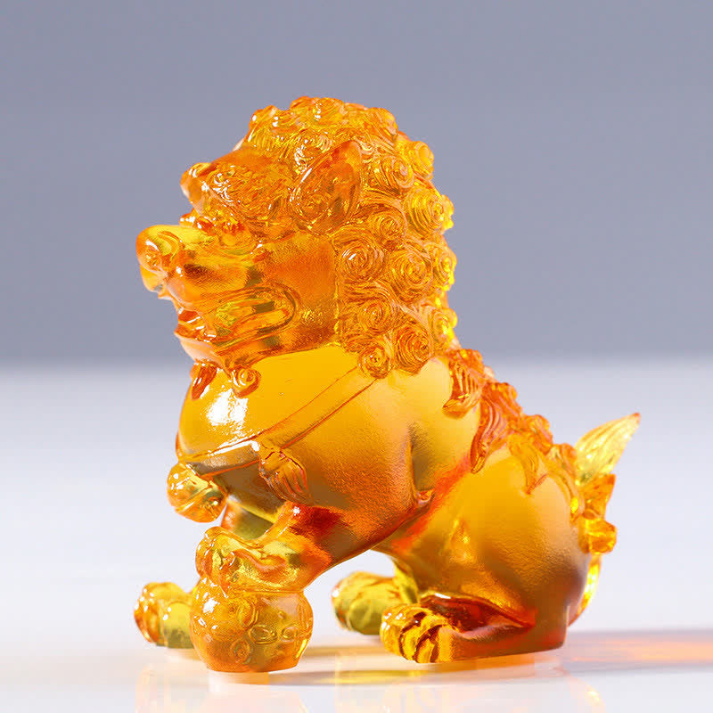 Buddha Stones Handmade Liuli Crystal Lion Art Piece Strength Home Office Decoration Decorations BS Gold&Bead