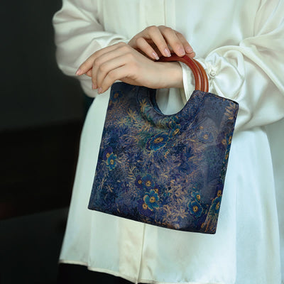 Buddha Stones Peony Flower Bamboo Leaves Bird Solid Wood Handle Handbag Handbags BS Violet Small Flower 22*19*11cm