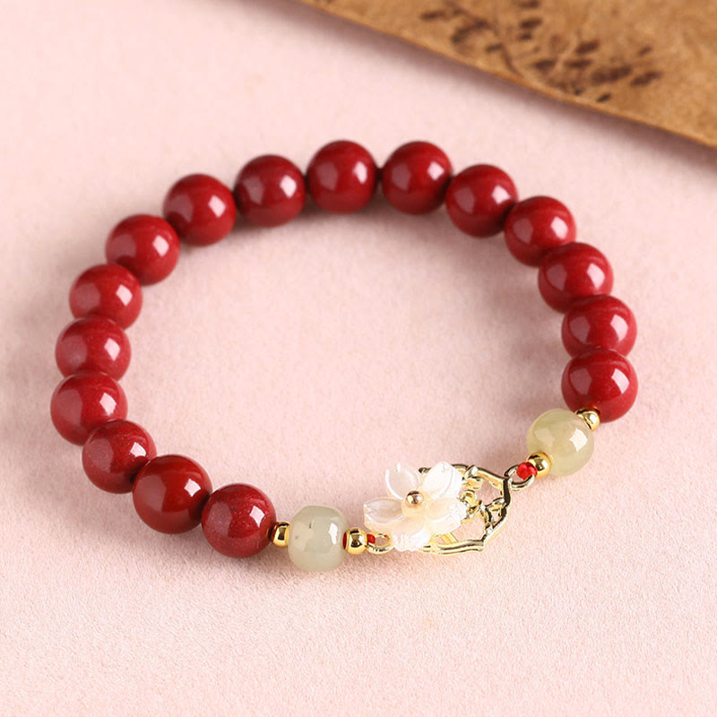 Buddha Stones Natural Cinnabar Jade Beaded Tridacna Stone Flower Blessing Bracelet Bracelet BS 13