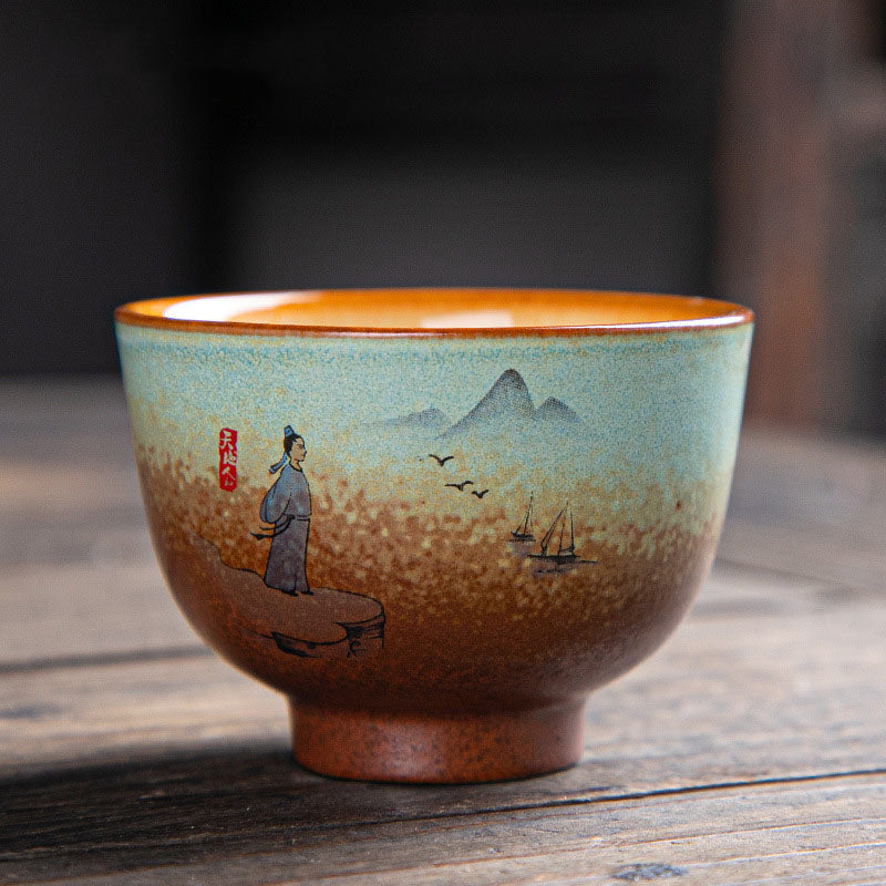 Buddha Stones Colorful Deer Pipa Snow Plum Blossoms Mountains Rivers Bird Ceramic Teacup Kung Fu Tea Cup Bowl Cup BS 7cm*5cm*100ml Person Mountain Birds