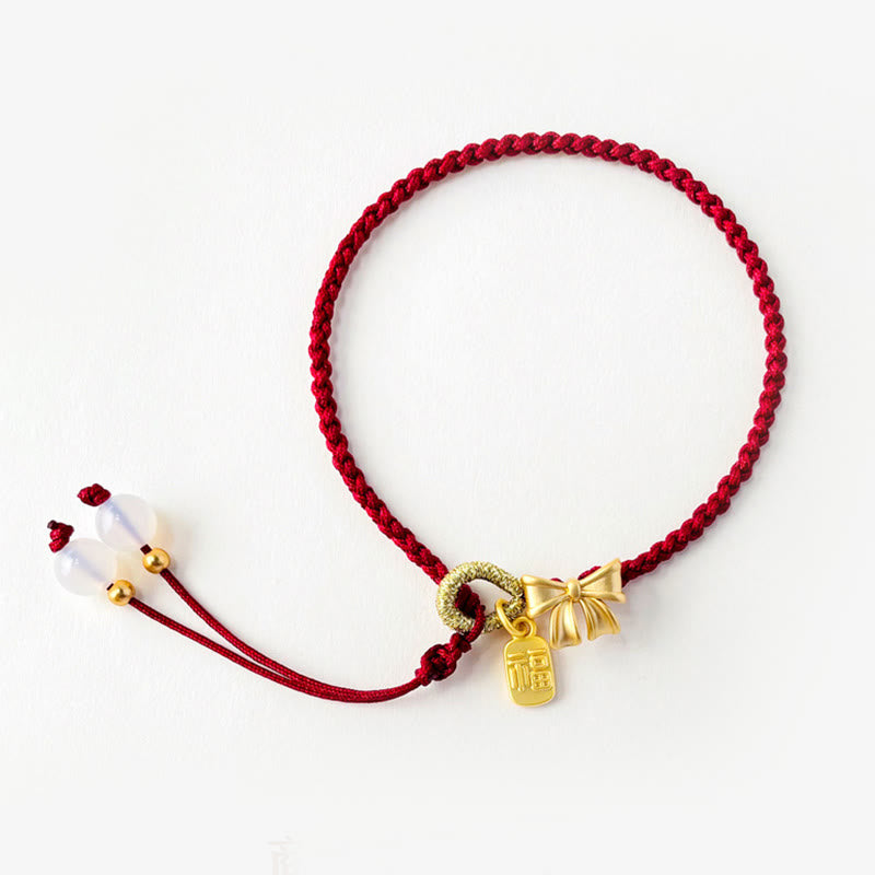 Buddha Stones Handmade Peach Blossom Rosette Bow Knot Fu Character Charm Luck Fortune Red Rope Bracelet Bracelet BS 5