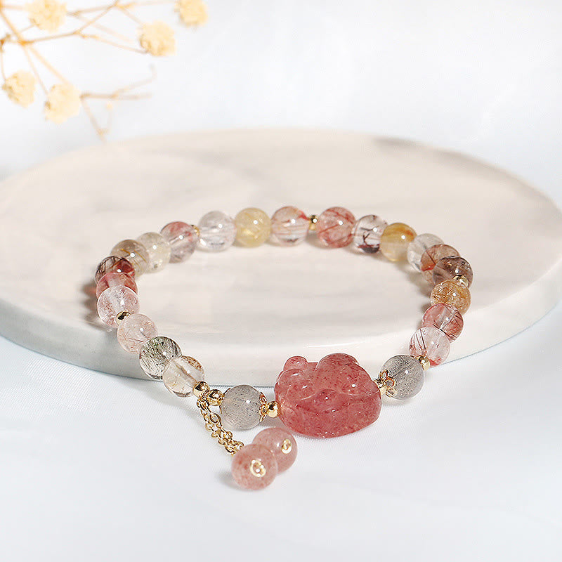 Buddha Stones Natural Strawberry Quartz Cat Paw Claw Colorful Rutilated Quartz Moonstone Love Bracelet Bracelet BS 2