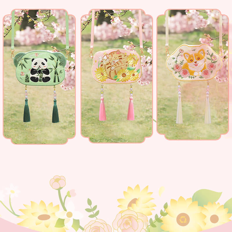 Buddha Stones Embroidery Lucky Panda Cat Shiba Inu Deer Rabbit Fox Flower Cute Animal Hanfu Bag Crossbody Bag Shoulder Bag Bag BS 25