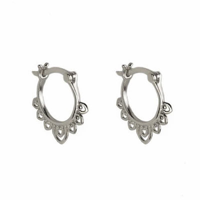 Buddha Stones Round Lotus Flower Pattern Luck Hoop Earrings Earrings BS Silver