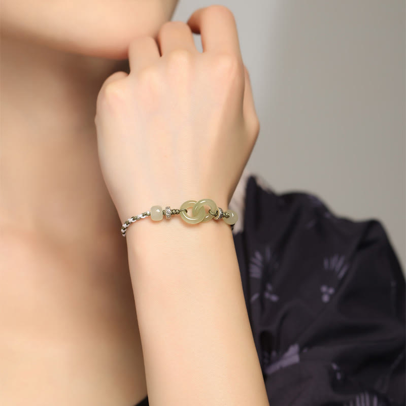 Buddha Stones Natural Hetian Jade Peace Buckle Luck Braided Bracelet Bracelet BS 8